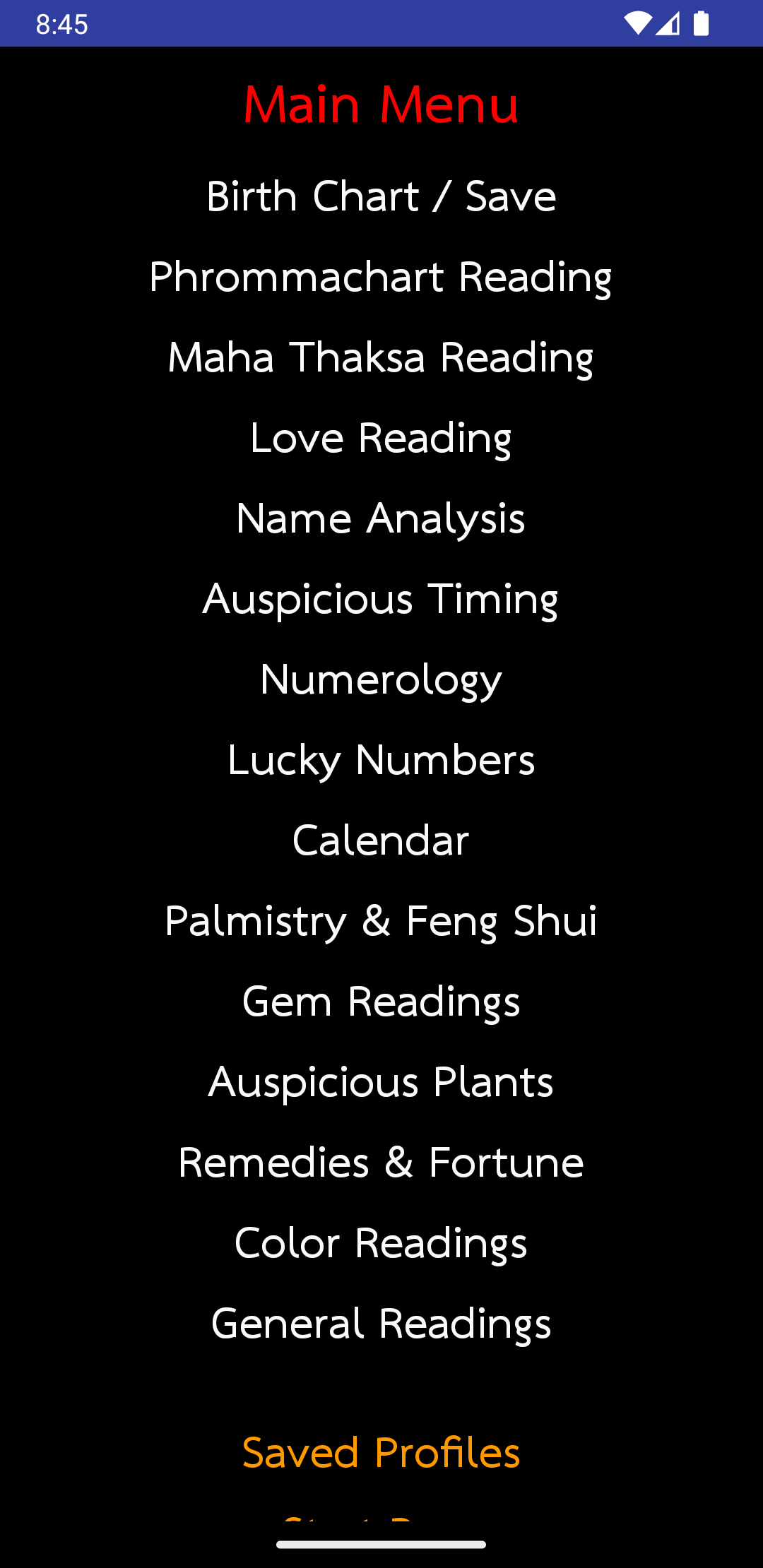 Mahamodo Main Menu with Birth Chart and other astrology categories