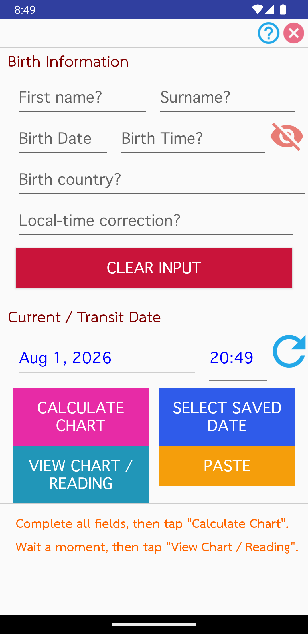 Empty Birth Information screen with birth and transit fields