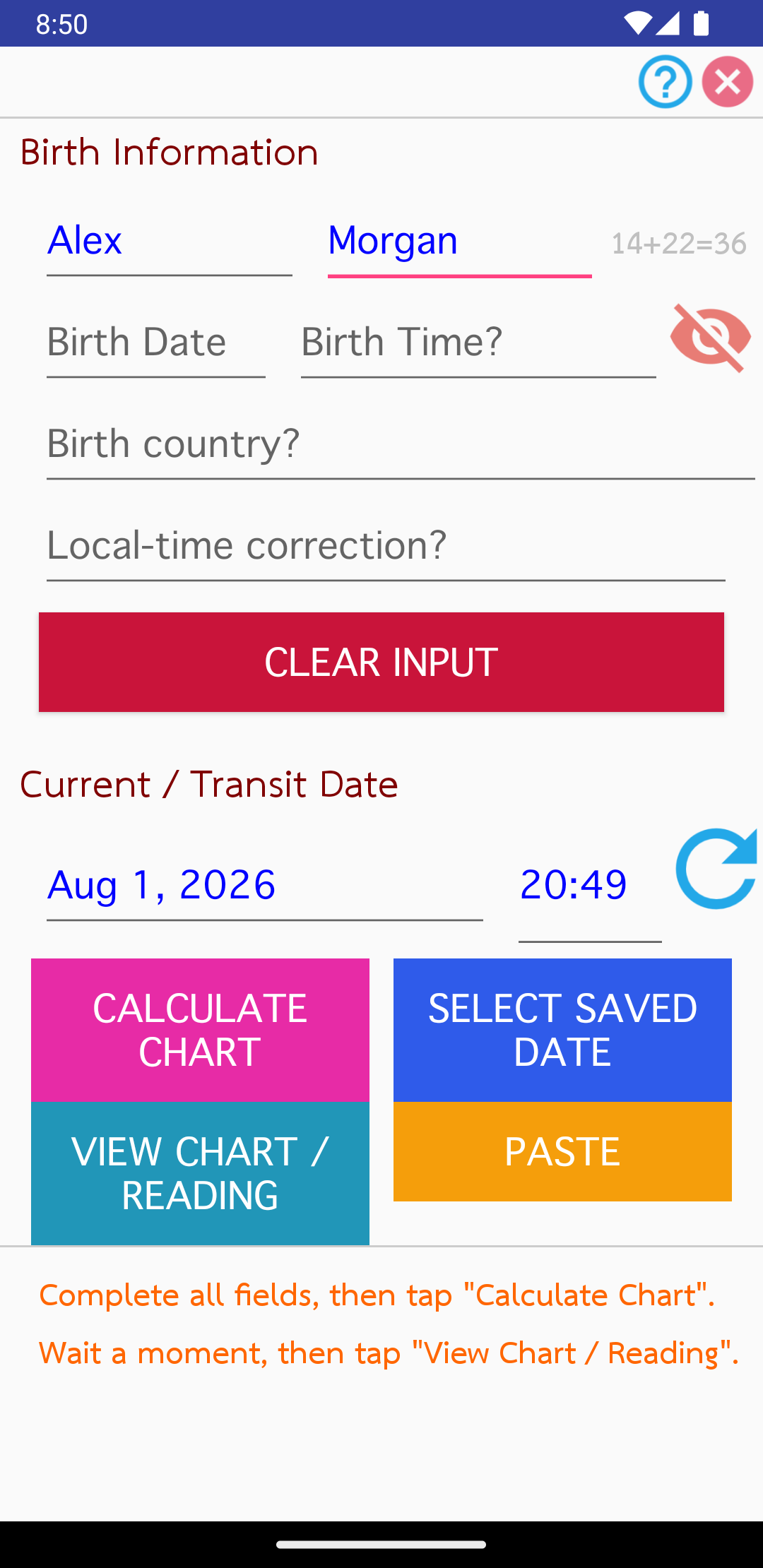 Fictional Alex Morgan name entered on the Birth Information screen