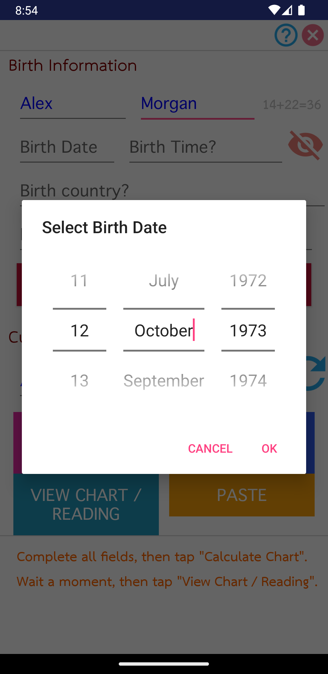 Birth date picker set to October 12, 1973