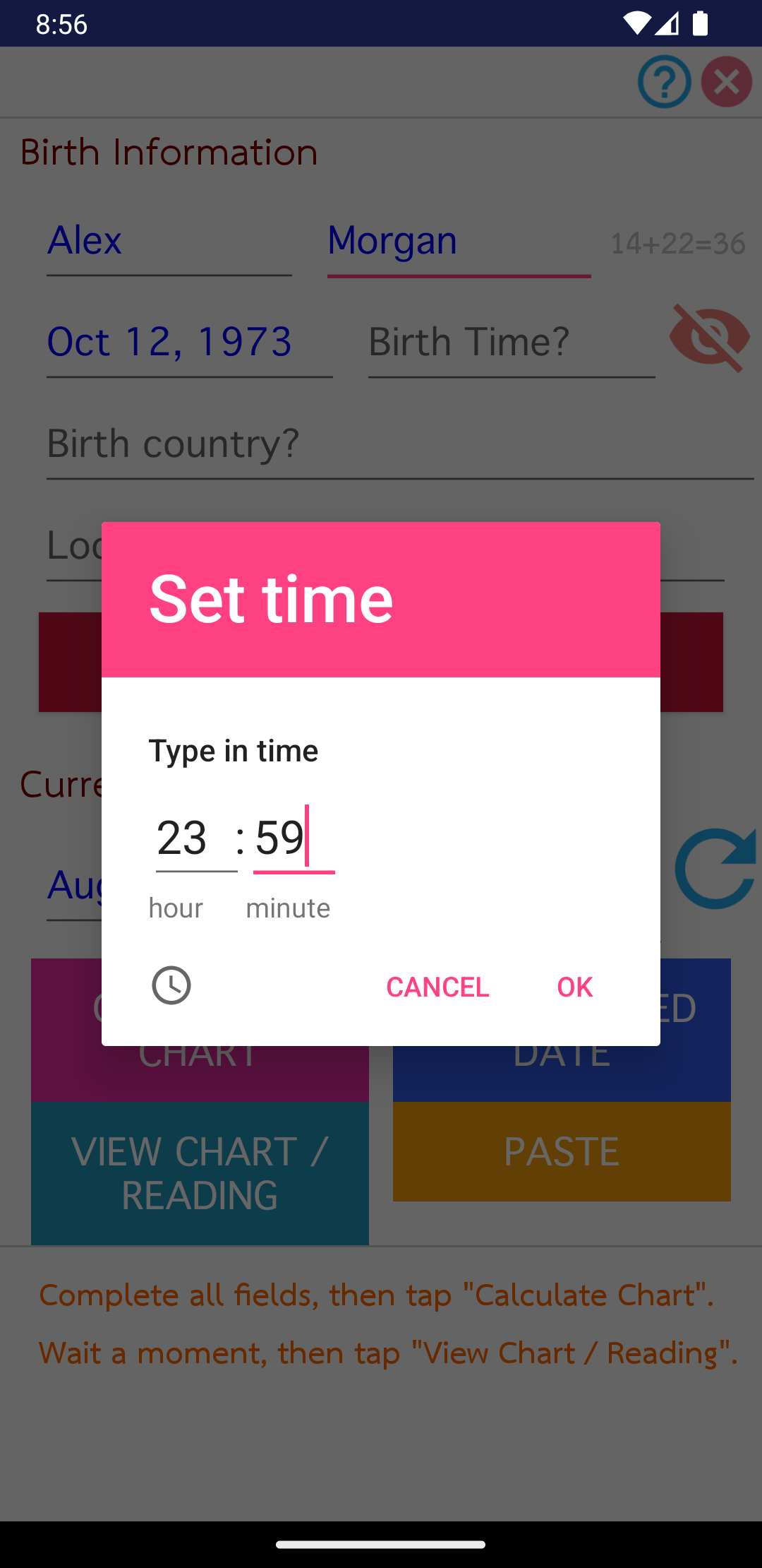 Birth time dialog set to 23:59