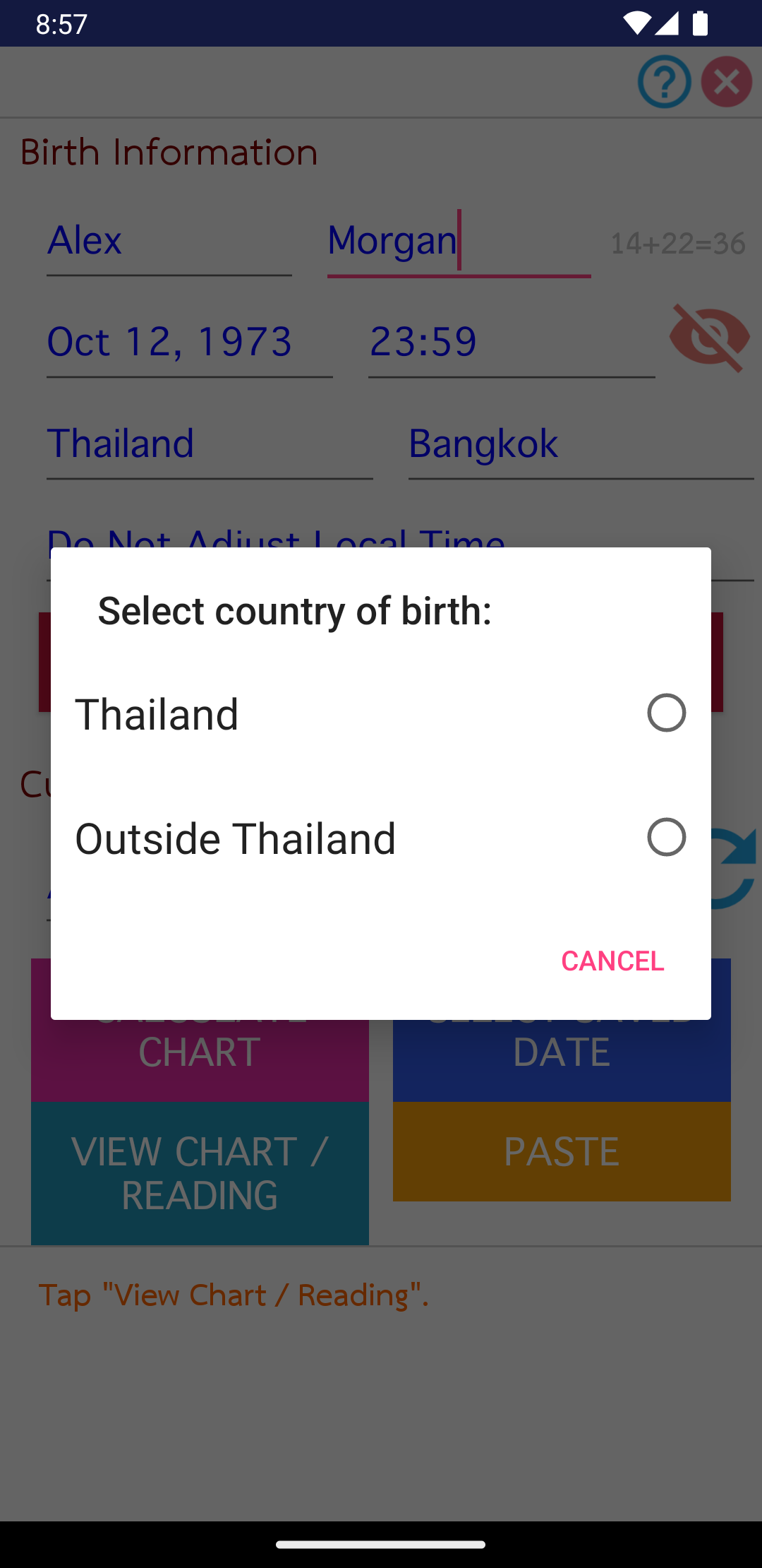 Birth country dialog with Thailand and Outside Thailand choices