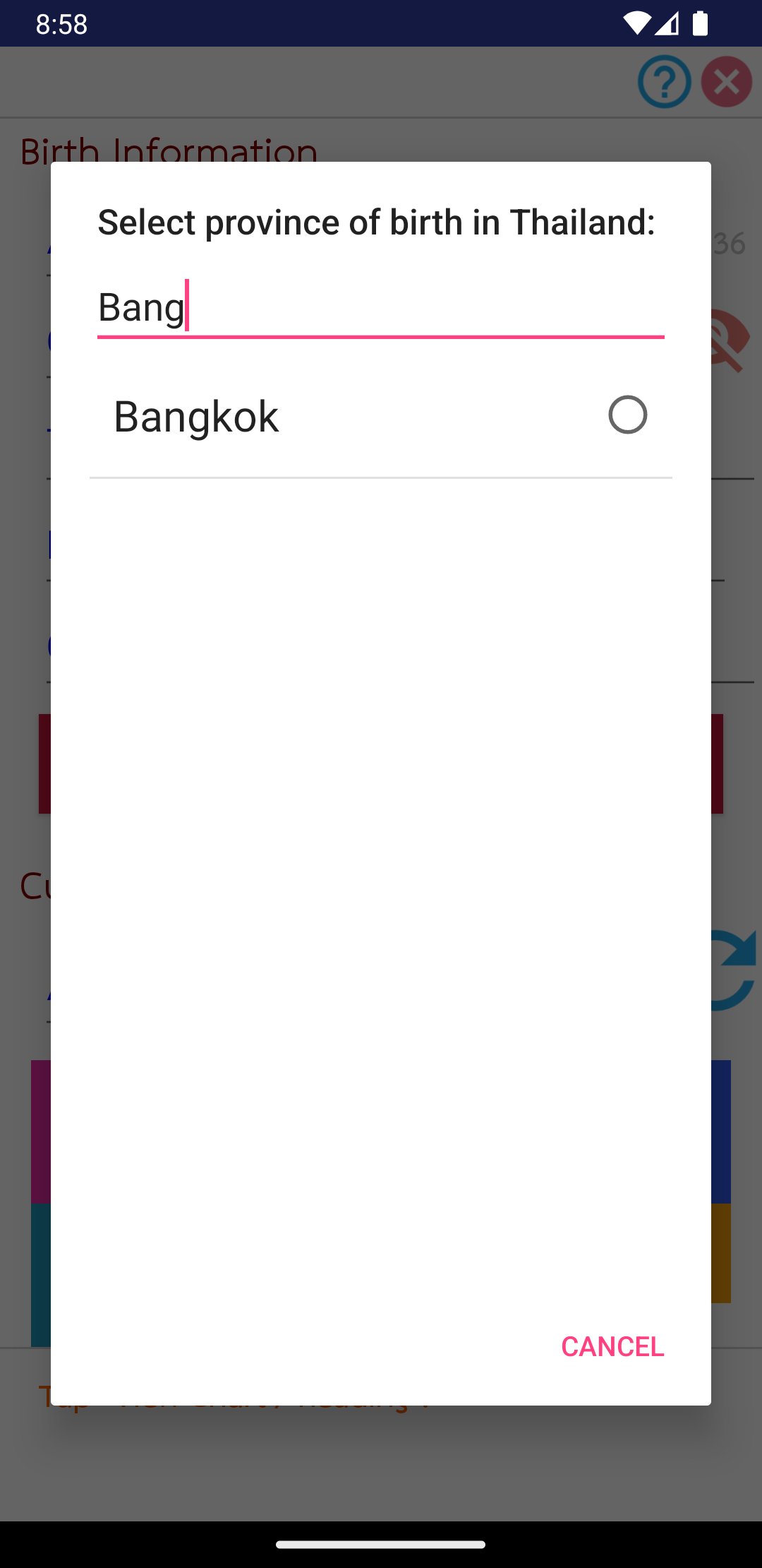 Thai province search showing Bangkok as the matching birthplace