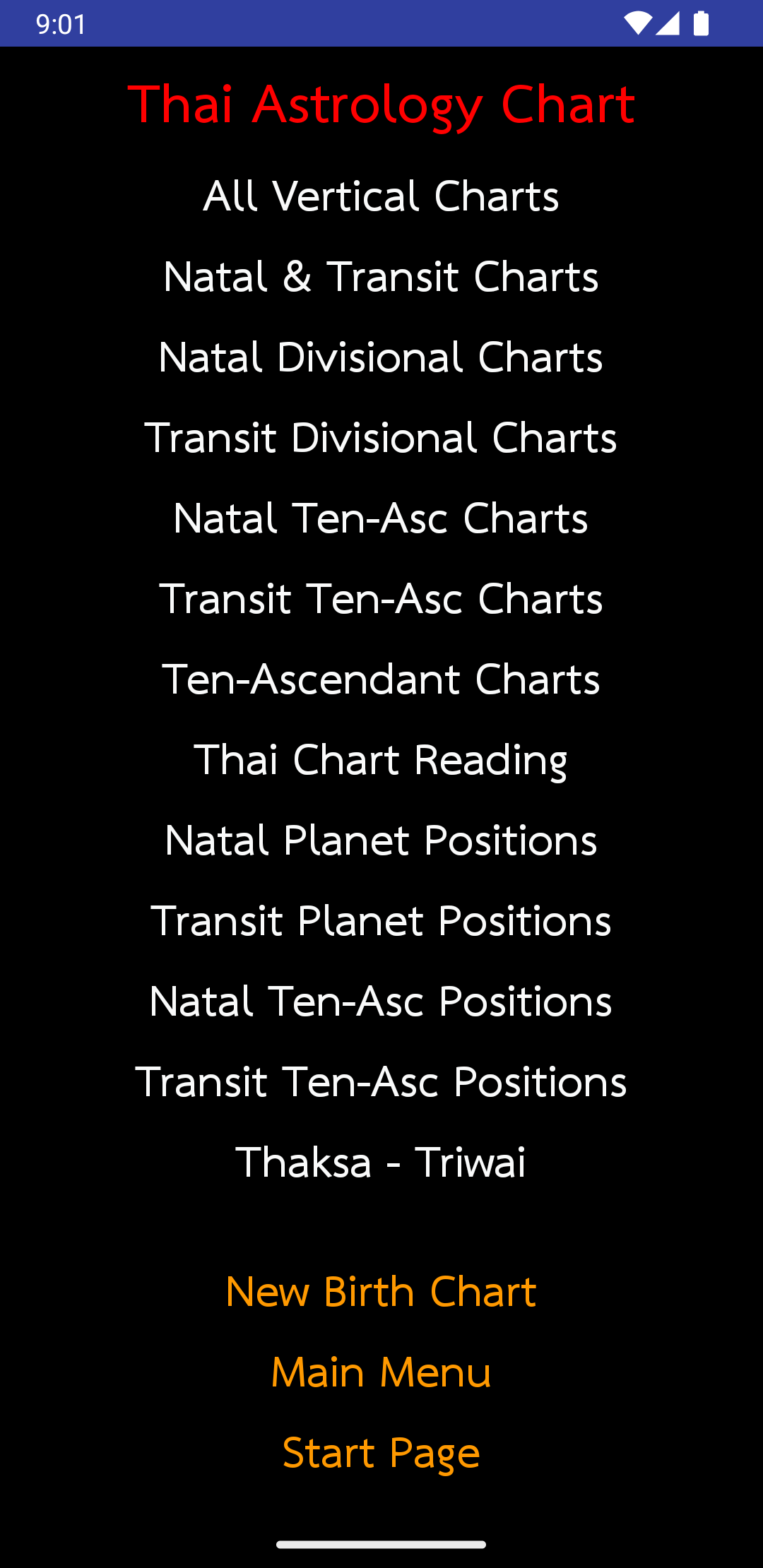 Thai Astrology Chart menu with Natal and Transit Charts option