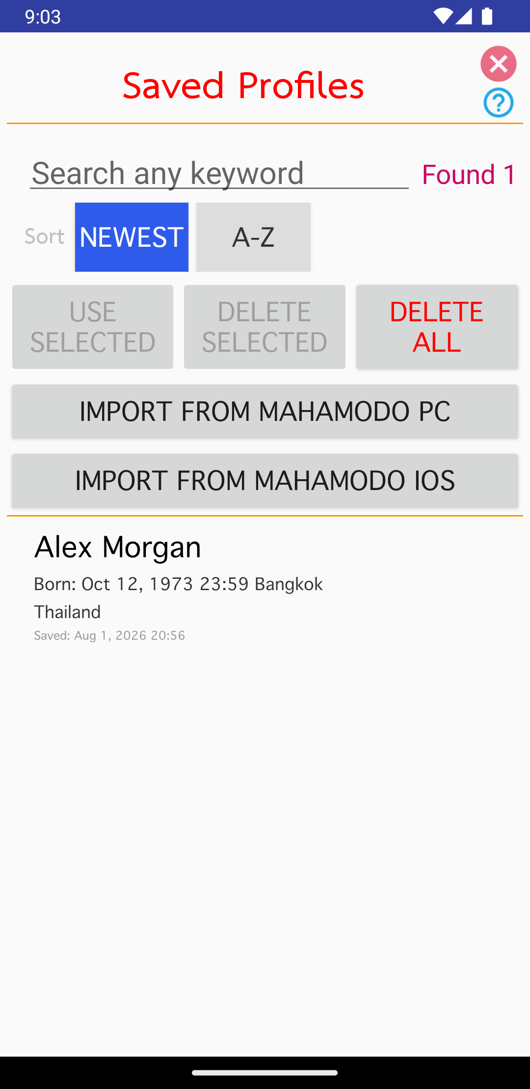Saved Profiles screen with search and fictional Alex Morgan entry