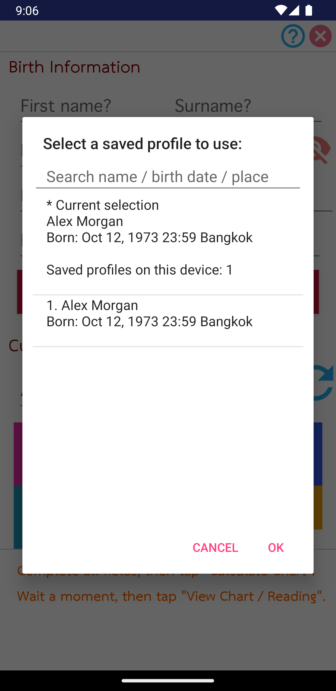 Paste dialog for choosing fictional Alex Morgan saved profile