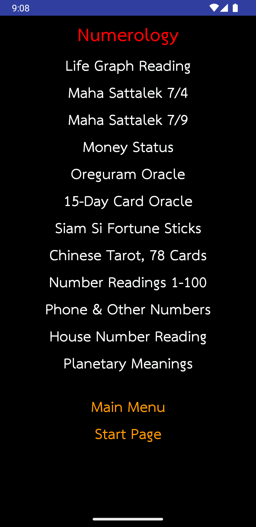 Numerology menu with Life Graph Reading as the first option