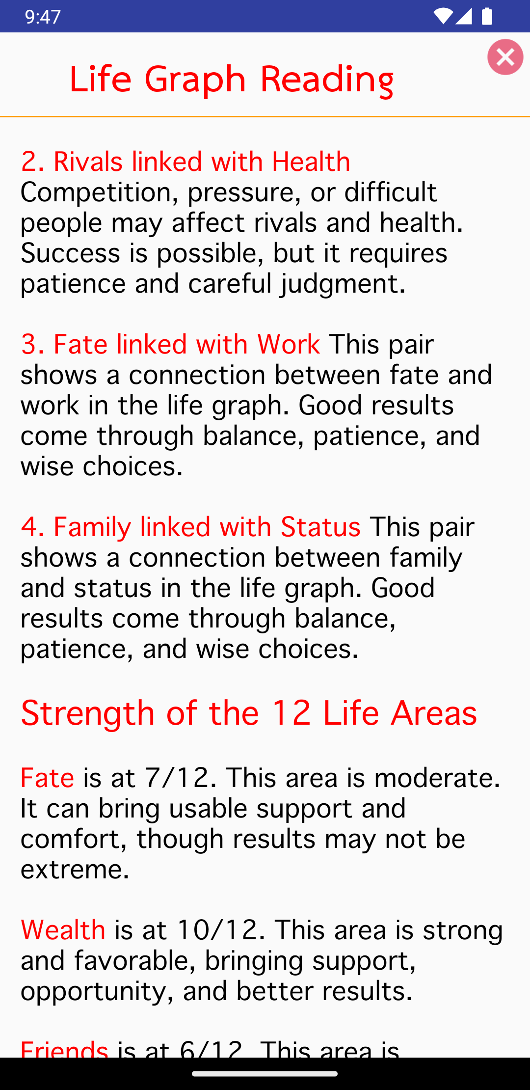 Life Graph interpretation showing relationships and strength of the 12 life areas