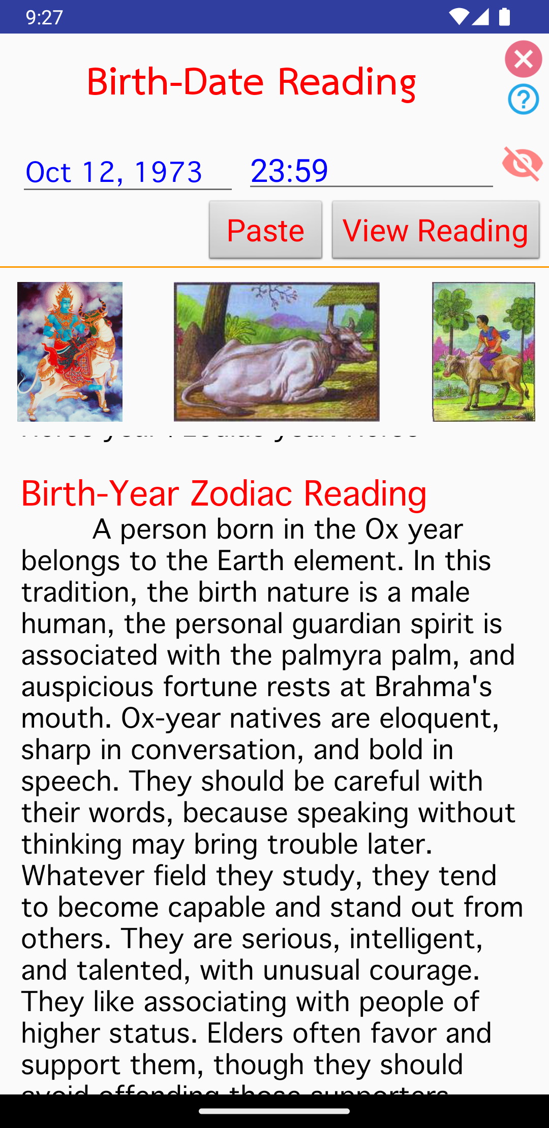 Birth-Date Reading result with traditional illustrations and English Birth-Year Zodiac Reading