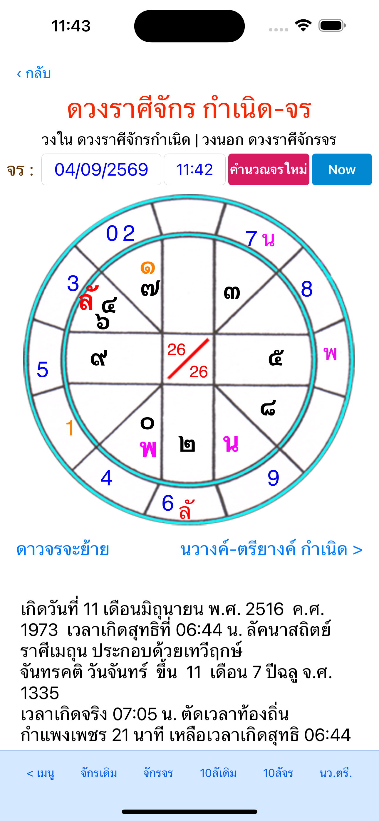 หน้าดวงราศีจักรของมหาหมอดู for iOS ที่แสดงดาวเนปจูนและดาวพลูโต