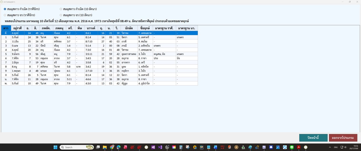 หน้าข้อมูลดวงชะตาและตารางสมผุสดาว