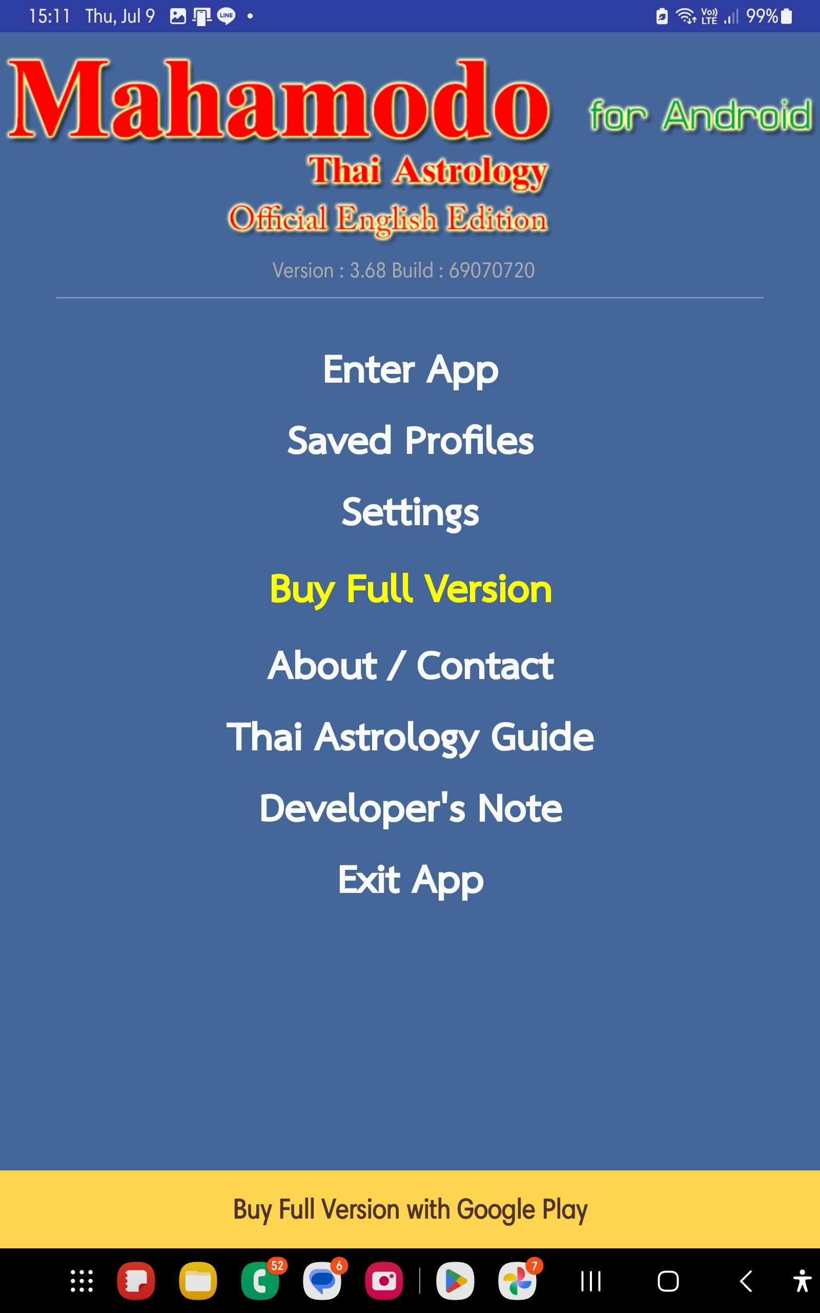 Mahamodo Thai Astrology English edition start screen
