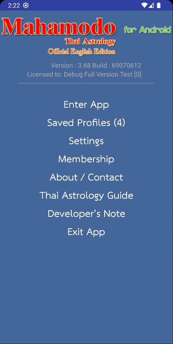 Mahamodo Thai Astrology English start page screen