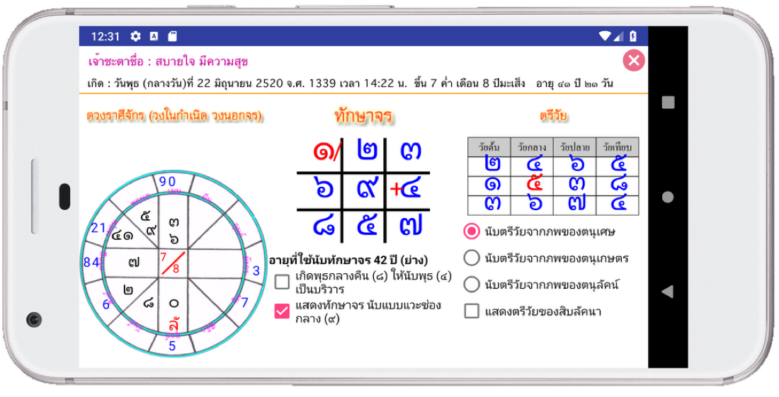 หน้าทักษาจรพร้อมดวงราศีจักรและตรียวัย